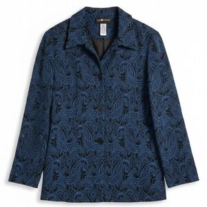 Sag Harbor Blue Black Paisley Brocade Button Front Shirt Jacket, Woman's Size 12